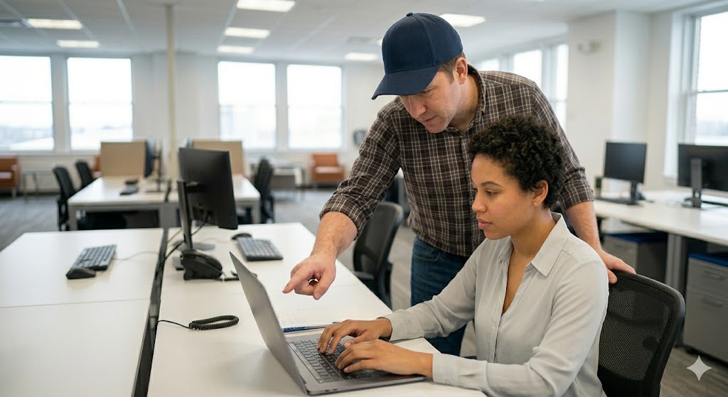 Business owner working with team member on delegation and systems